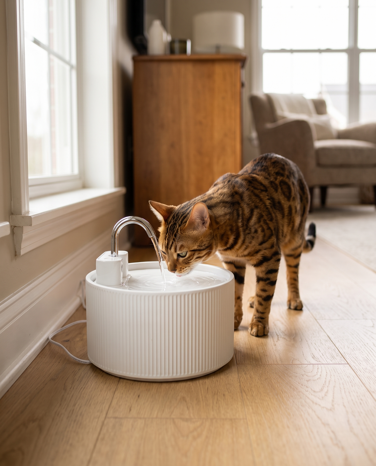 A cat drinking from the Ondine ceramic fountain by Melwi, encouraged to drink more by the flowing water
