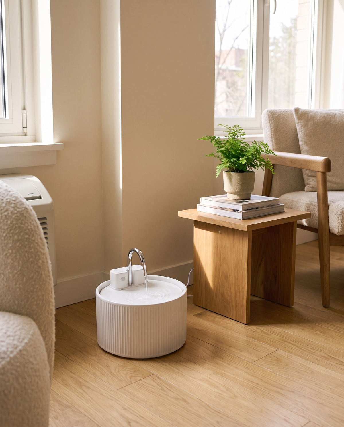 Ondine ceramic cat water fountain placed in a cozy corner of a contemporary living room, part of the Melwi luxury house for cats