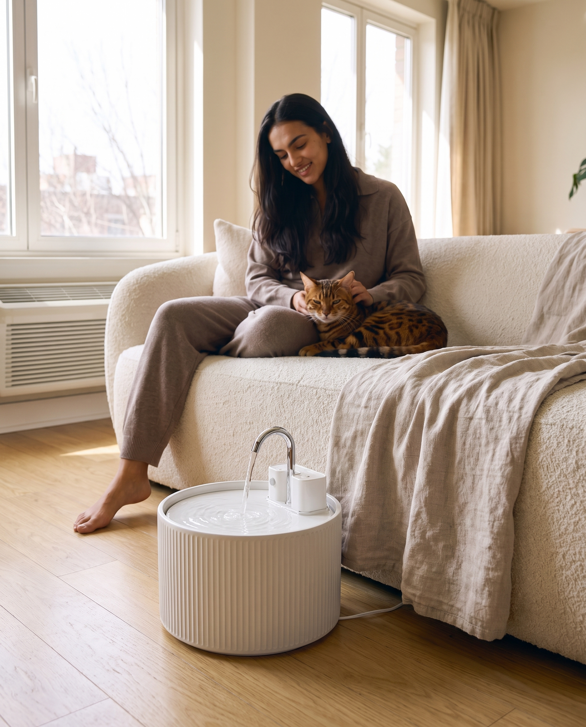 Ondine ceramic cat water fountain fully integrated in a warm, contemporary living room, part of the Melwi luxury house for cats