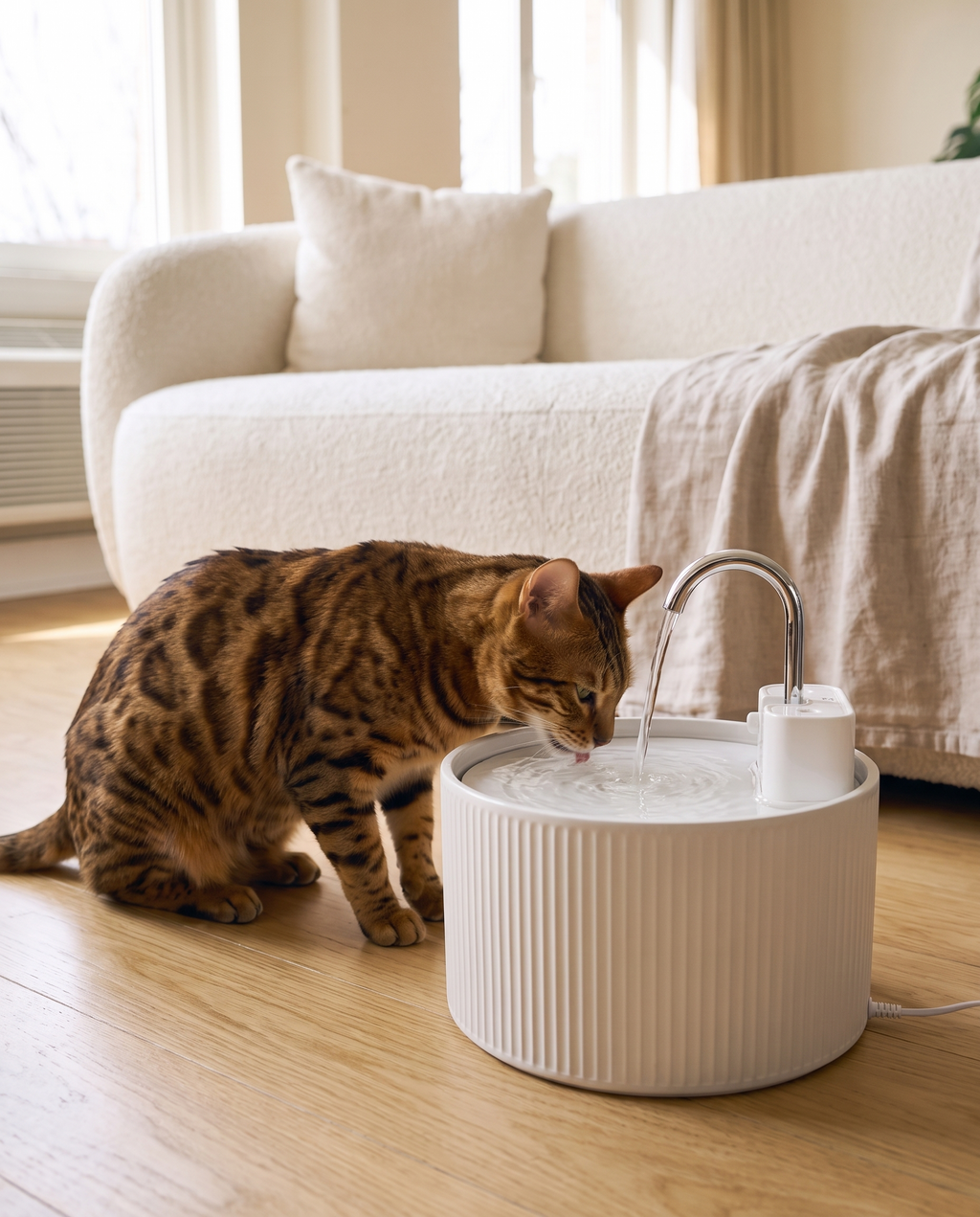 A cat drinking flowing water from the Ondine ceramic fountain by Melwi