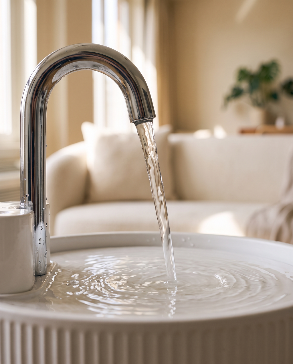 Close-up of Ondine's curved chrome gooseneck faucet with water flowing into the ceramic basin