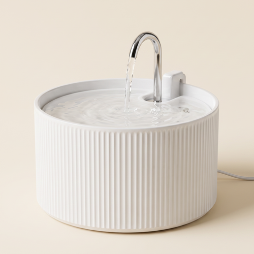 Ondine ceramic cat water fountain by Melwi — white fluted ceramic body with a curved chrome gooseneck faucet, water flowing, on a soft cream studio background